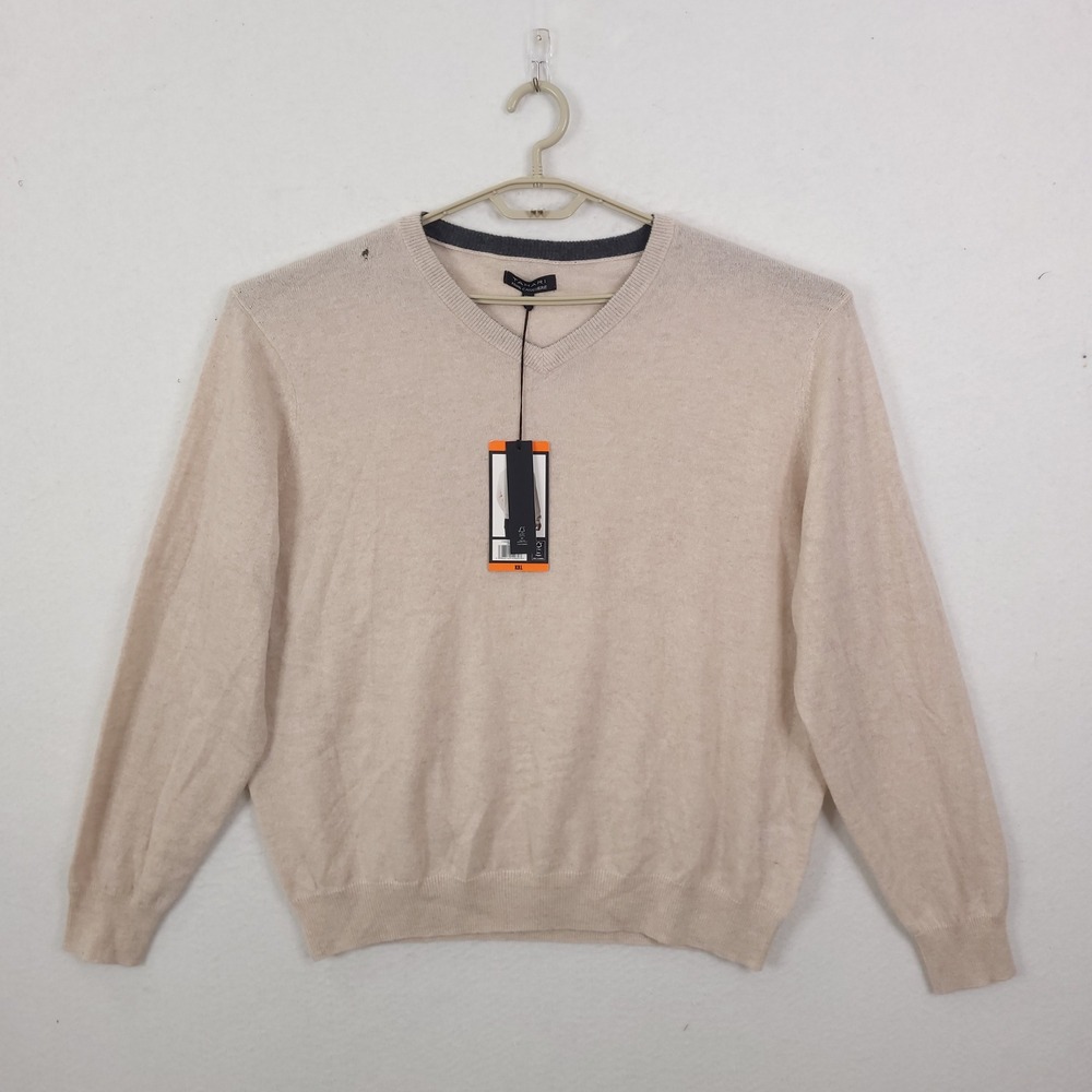 Tahari V-Neck Sweater Mens XXL Beige 100% Cashmere Long Sleeve Pullover